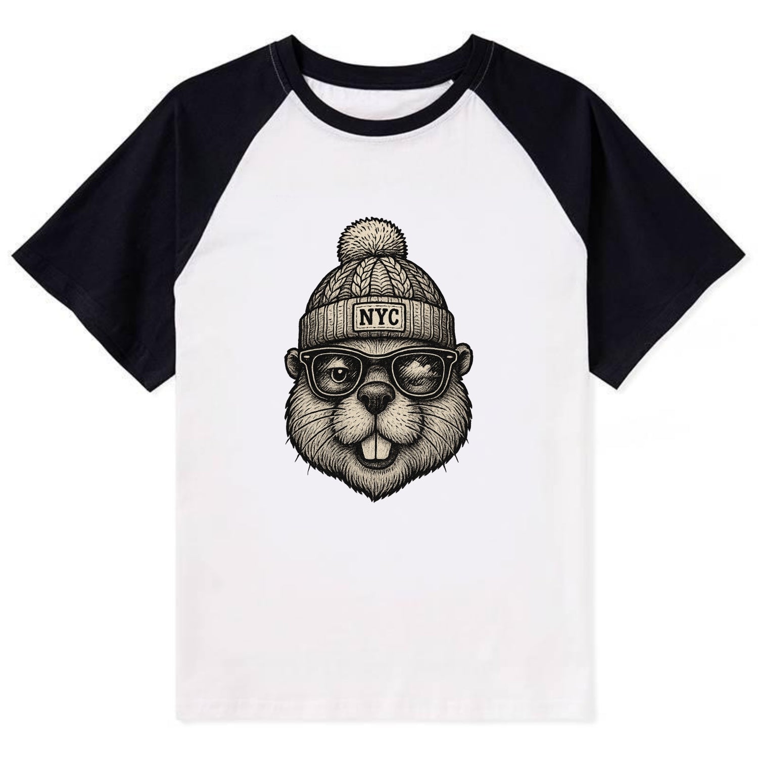 New York Beaver wearing NYC beanie with pom pom and wayfarer sunglasses - Contrast Raglan T-shirt - Black