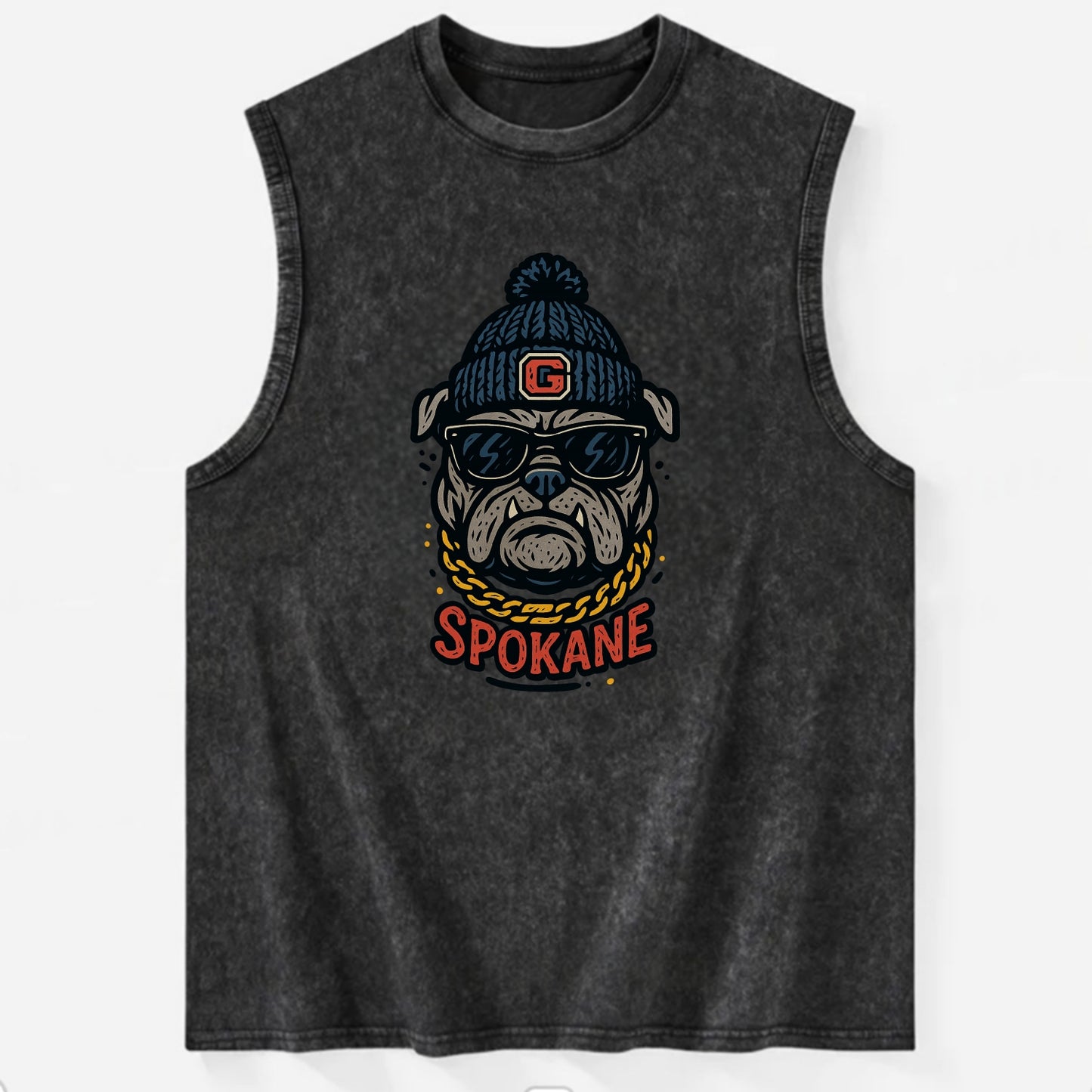 Spokane Bulldog wearing Gonzaga beanie with G patch - Vintage Washed Tank - Black