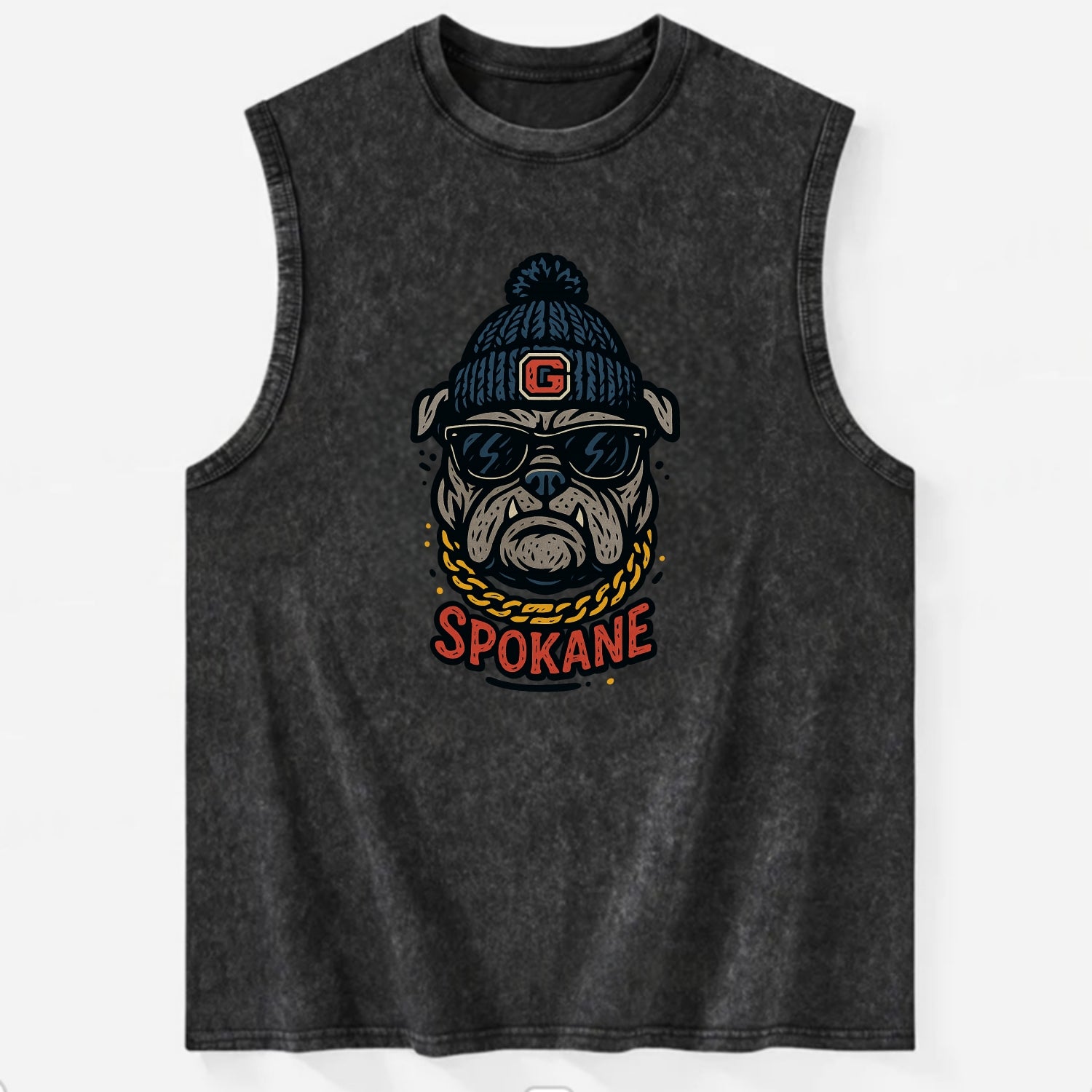 Spokane Bulldog wearing Gonzaga beanie with G patch - Vintage Washed Tank - Black