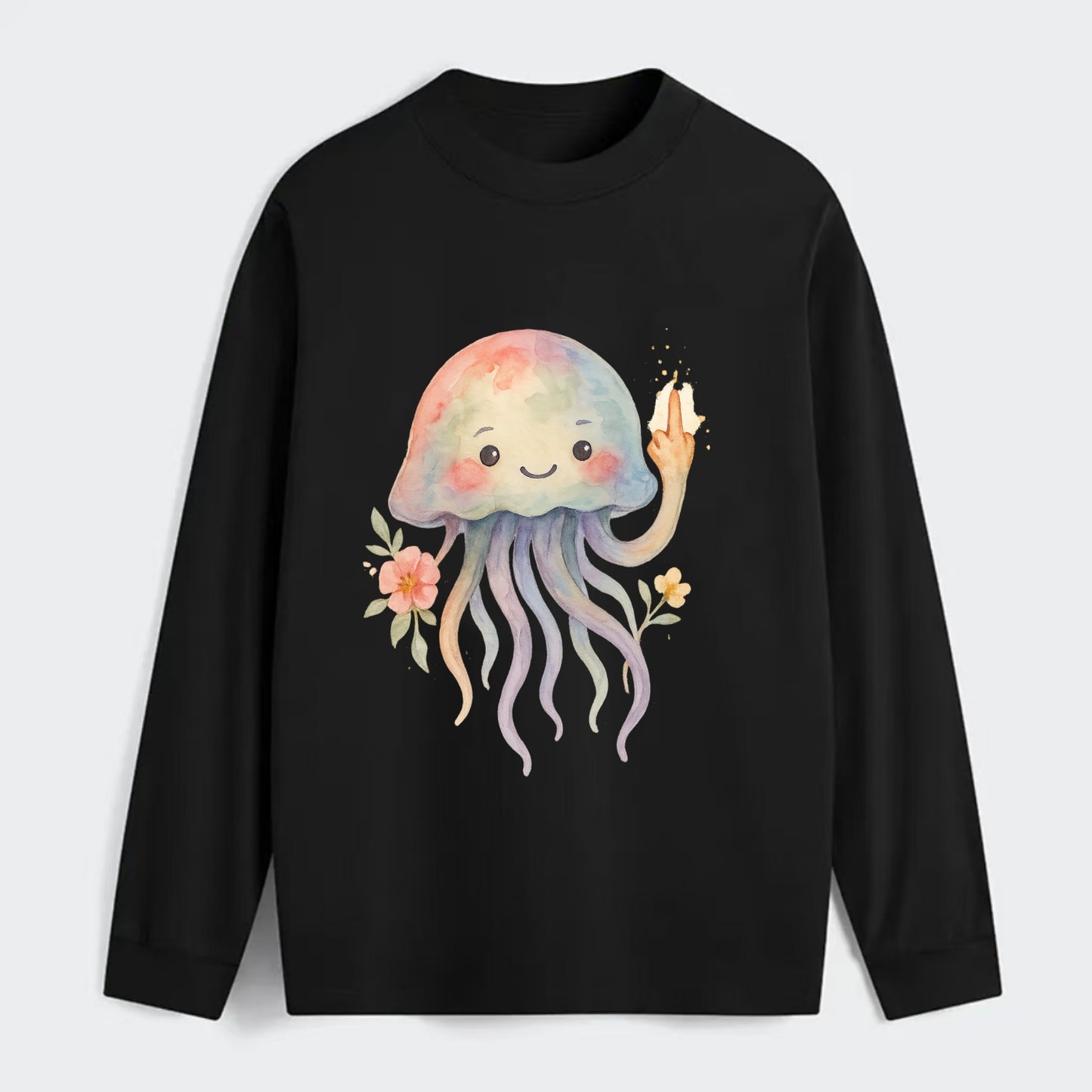 jellyfish with kawaii face and tentacles, one tentacle pointing up - Classic Long Sleeve Shirt - Black