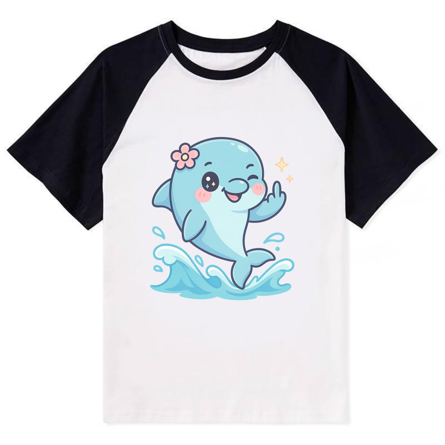 smiling dolphin jumping through ocean waves, one fin up with attitude - Contrast Raglan T-shirt - Black