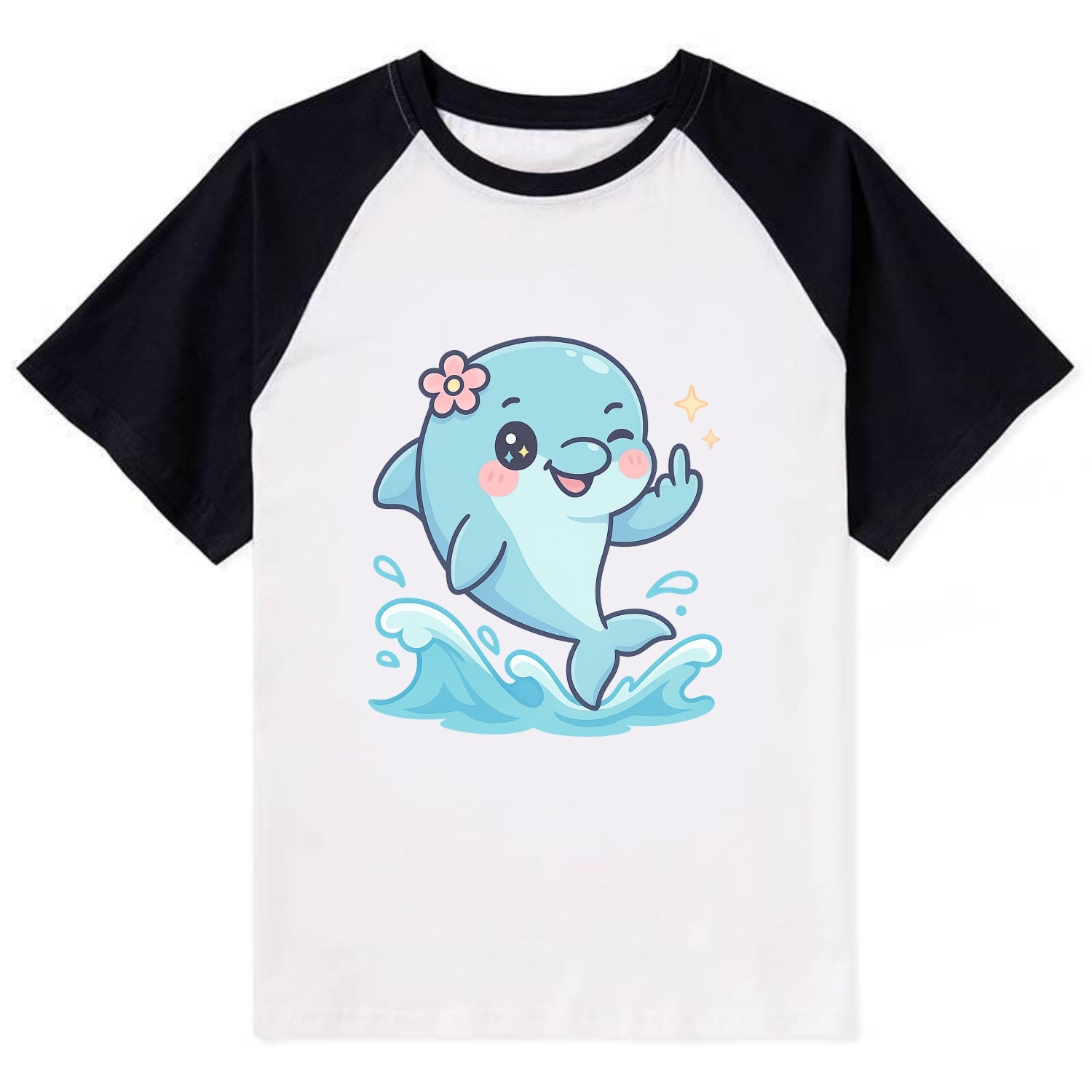 smiling dolphin jumping through ocean waves, one fin up with attitude - Contrast Raglan T-shirt - Black