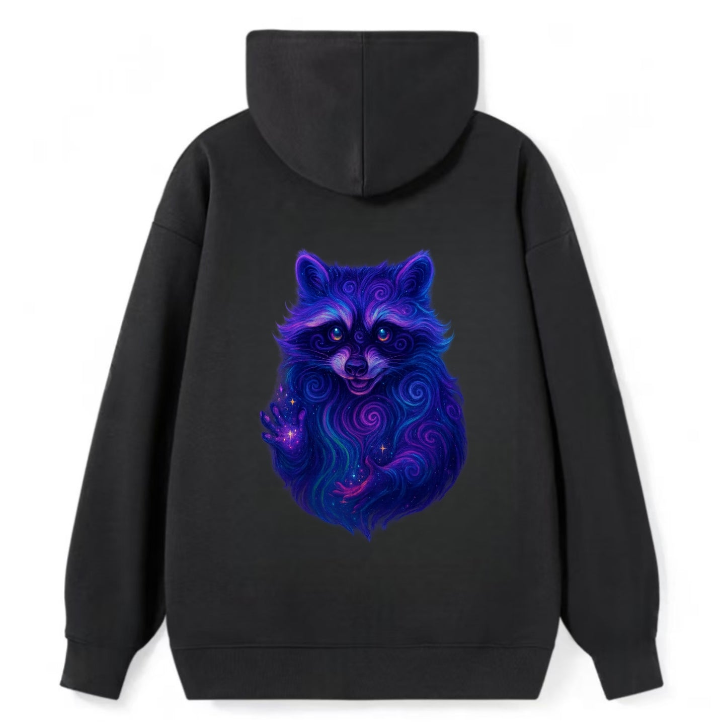 Playful raccoon with mask swirling in hypnotic patterns, neon purple and - Classic Pullover Hoodie - Black