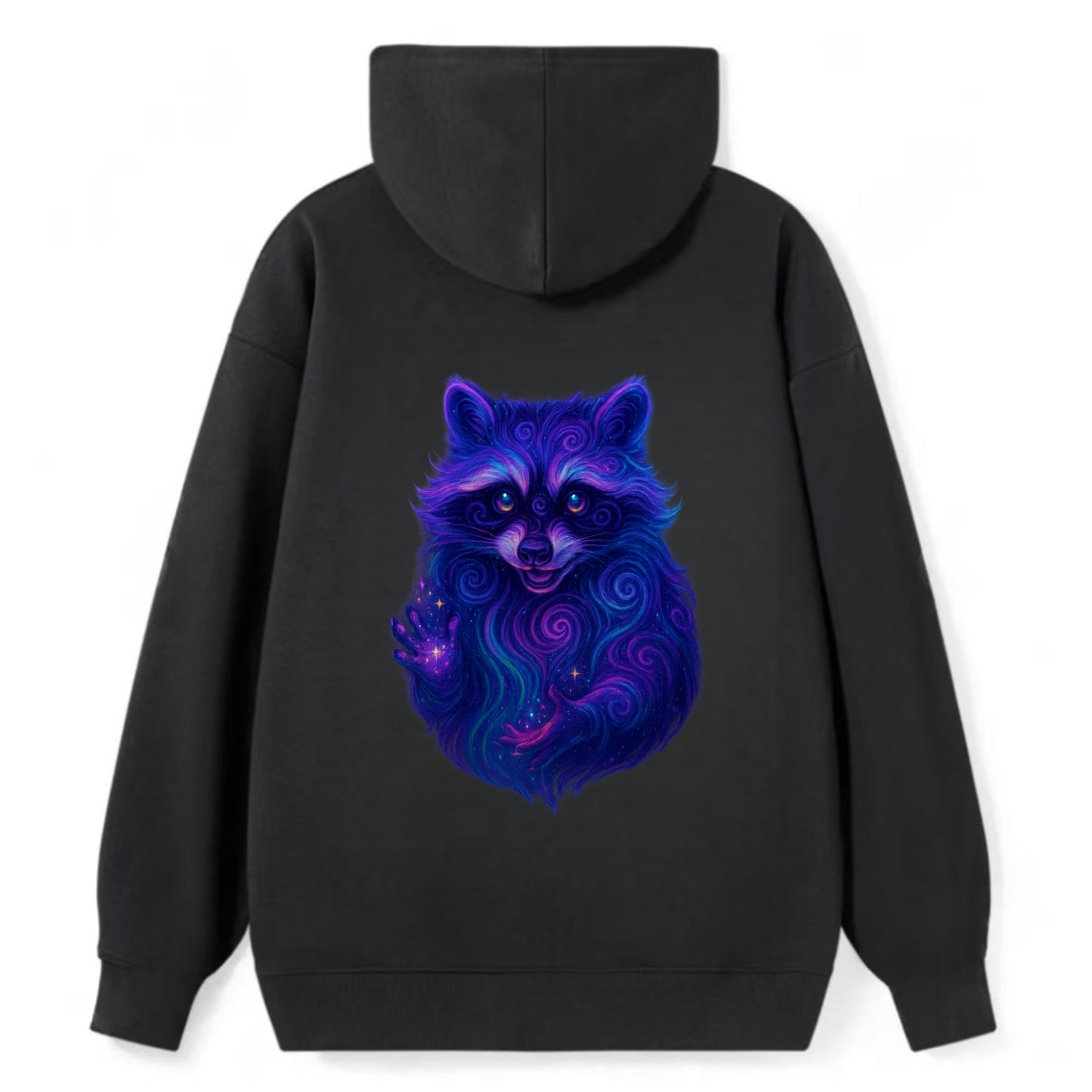 Playful raccoon with mask swirling in hypnotic patterns, neon purple and - Classic Pullover Hoodie - Black
