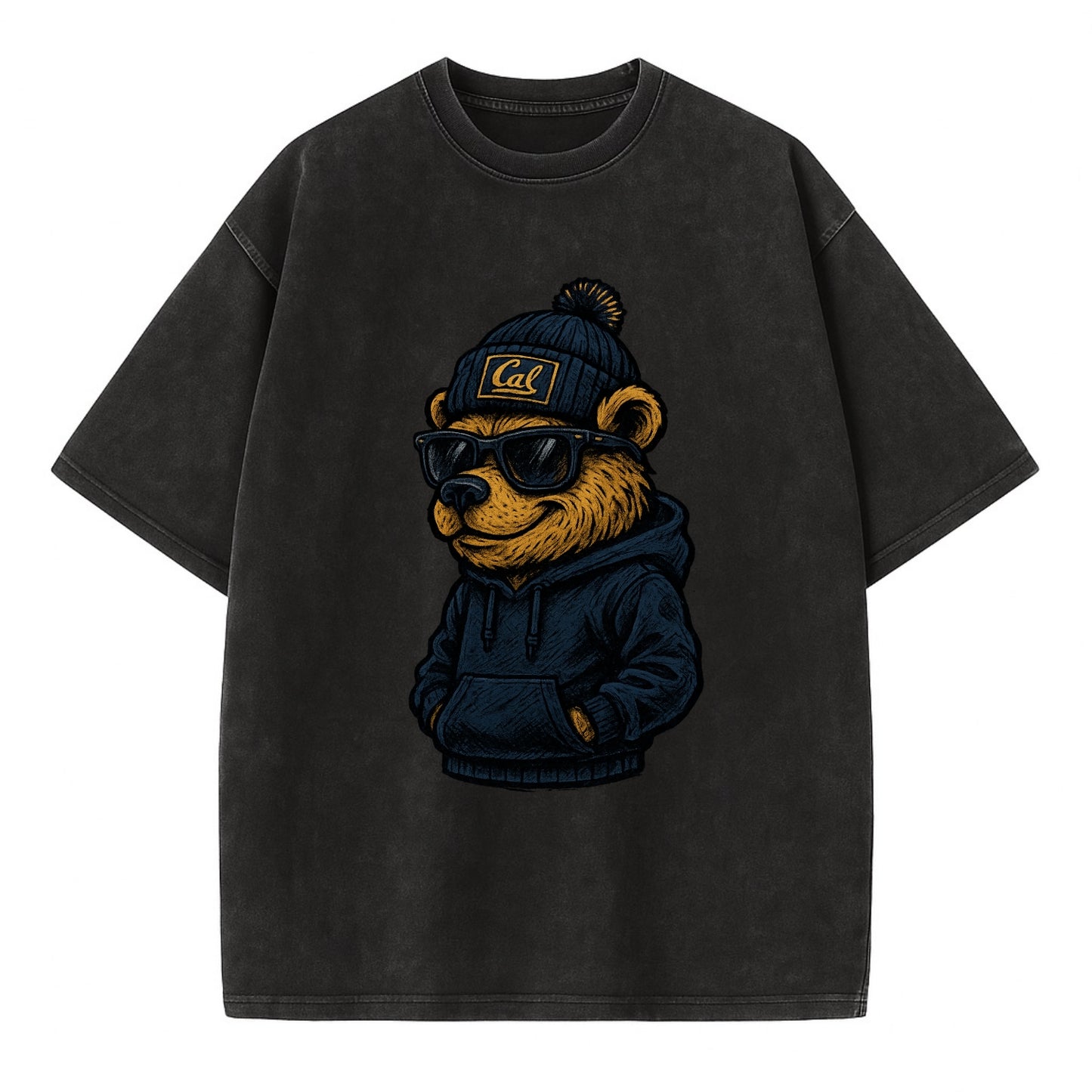 Berkeley Bear wearing Cal beanie with script patch - Vintage T-shirt - Black