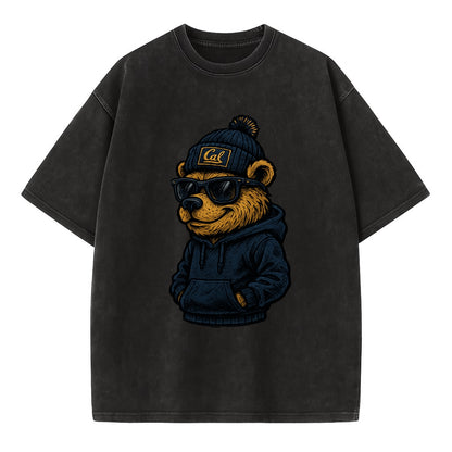 Berkeley Bear wearing Cal beanie with script patch - Vintage T-shirt - Black