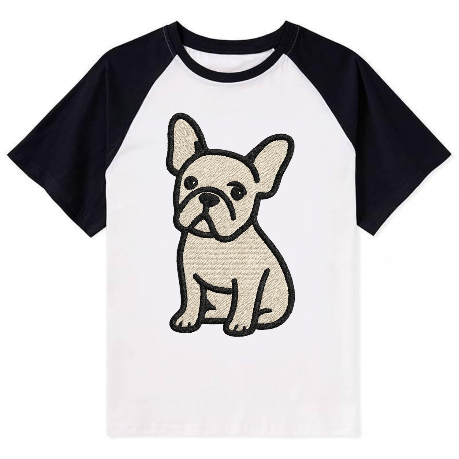 French Bulldog - Head tilt one ear up - Contrast Raglan T-shirt - Black