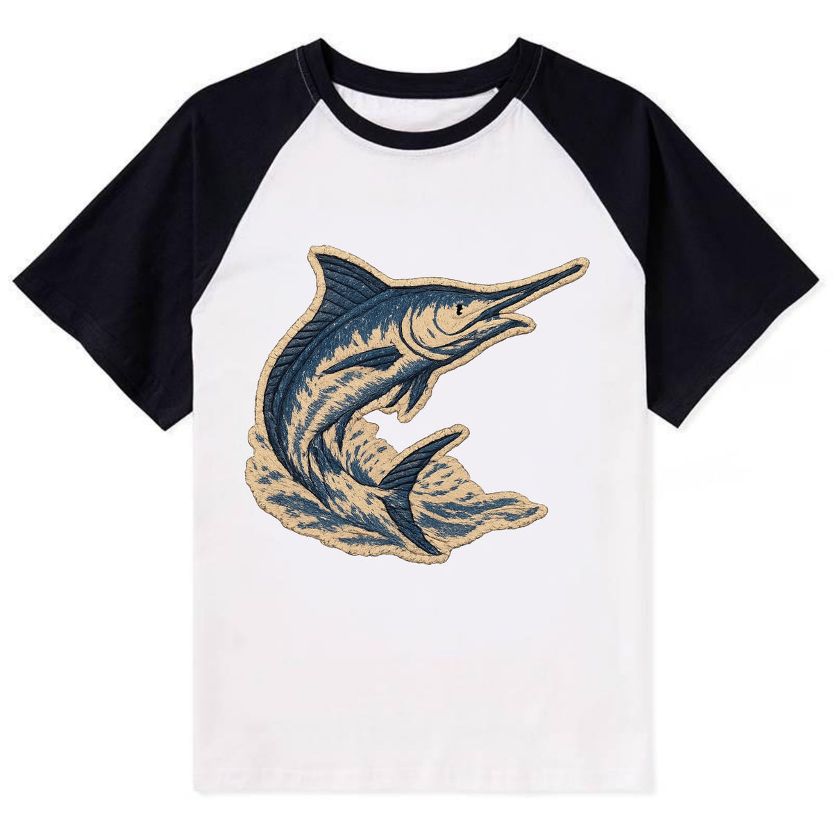 SWORDFISH MARLIN - leaping marlin in blue and silver , sport fishing - Contrast Raglan T-shirt - Black