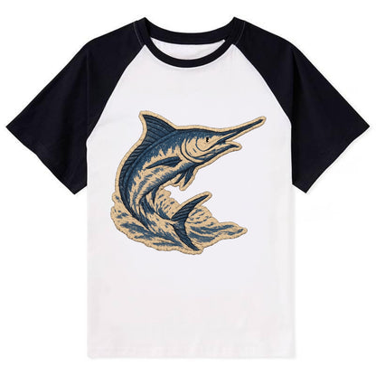 SWORDFISH MARLIN - leaping marlin in blue and silver , sport fishing - Contrast Raglan T-shirt - Black
