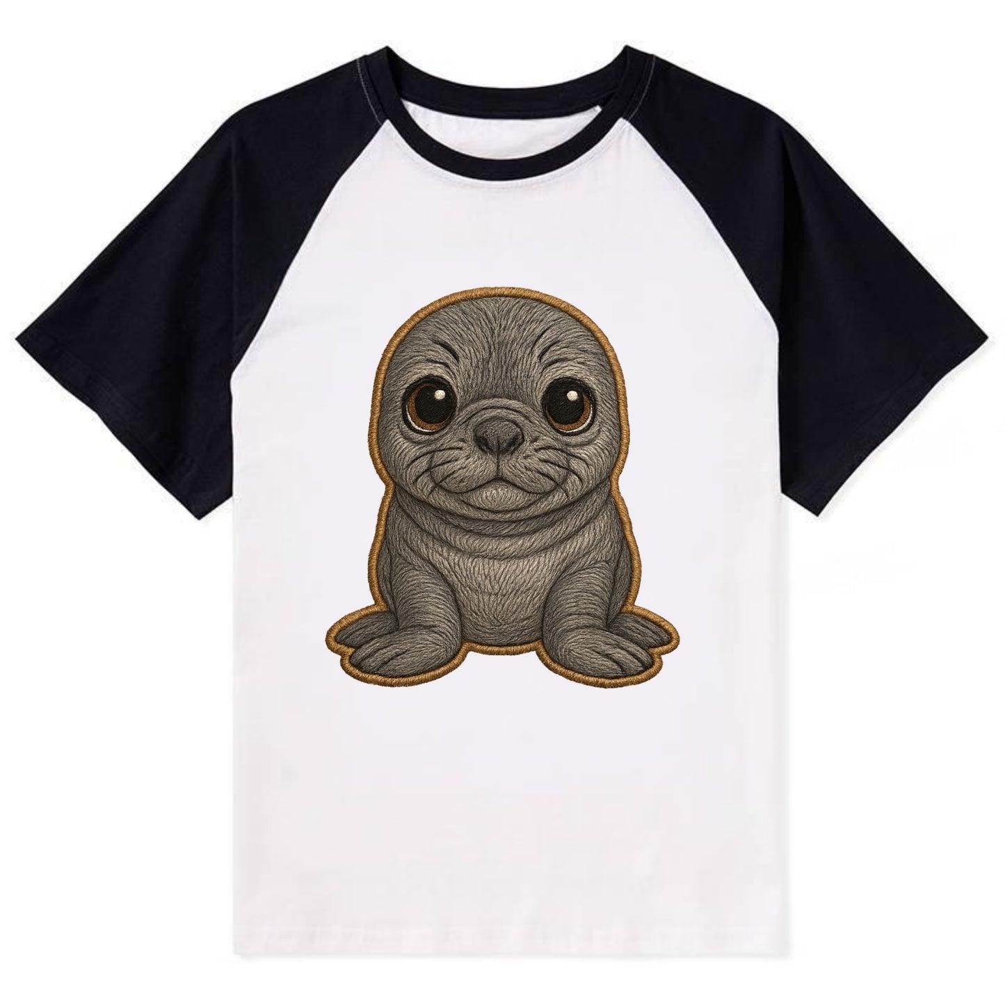 Baby Elephant Seal - gray wrinkly, tiny trunk nose, big dark eyes, - Contrast Raglan T-shirt - Black