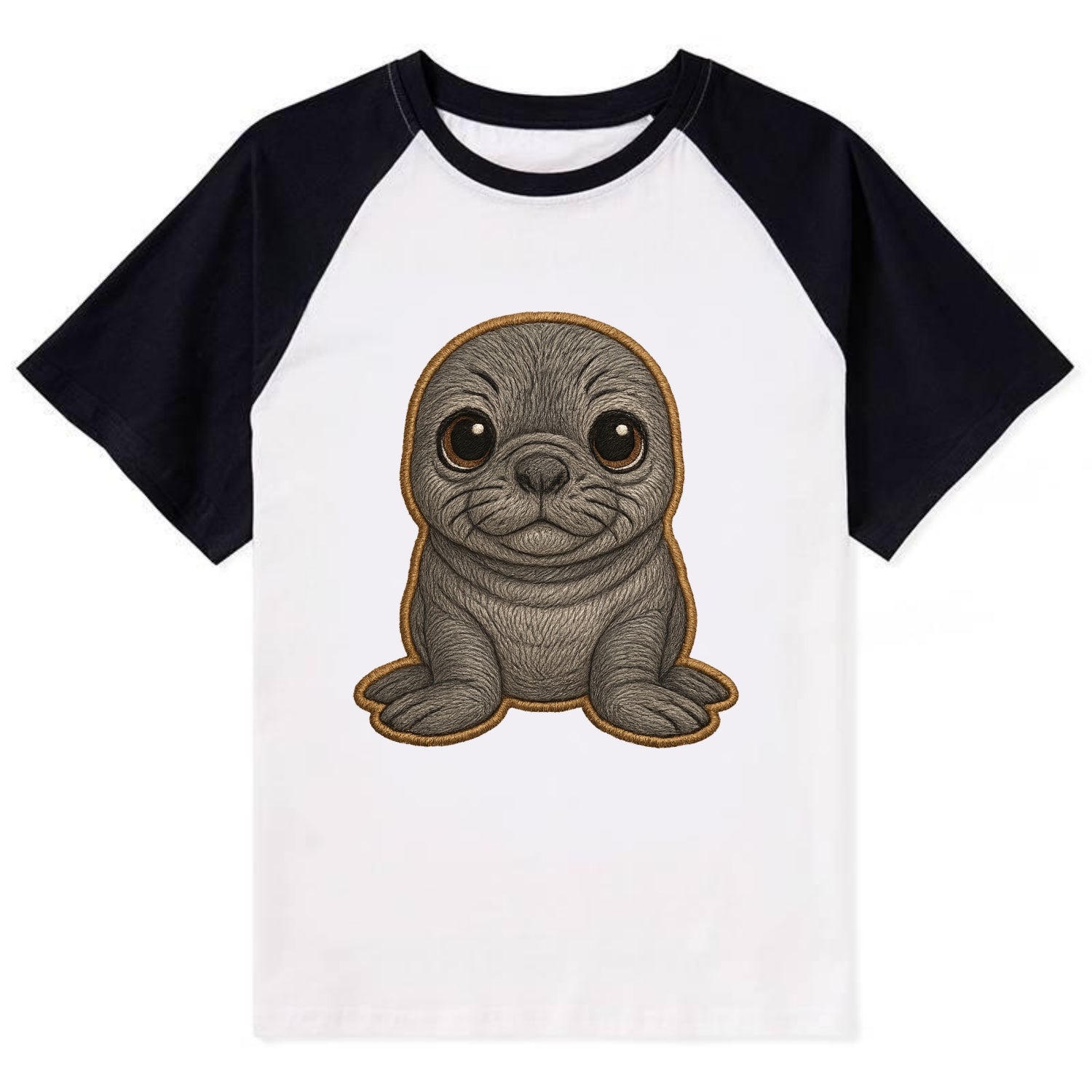 Baby Elephant Seal - gray wrinkly, tiny trunk nose, big dark eyes, - Contrast Raglan T-shirt - Black