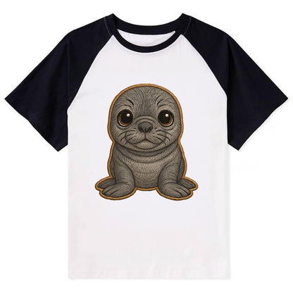 Baby Elephant Seal - gray wrinkly, tiny trunk nose, big dark eyes, - Contrast Raglan T-shirt - Black