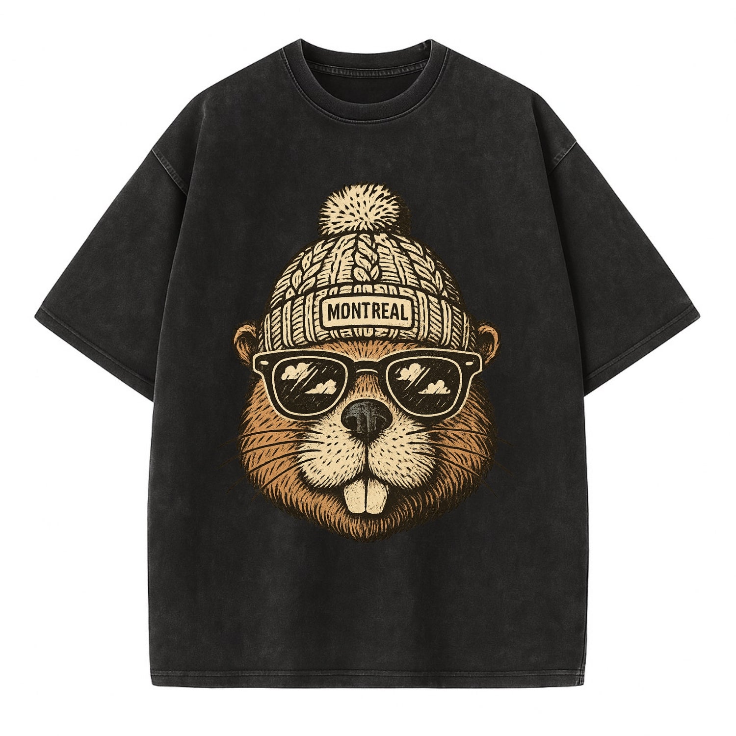 Montreal Beaver wearing Montreal beanie - Vintage T-shirt - Black