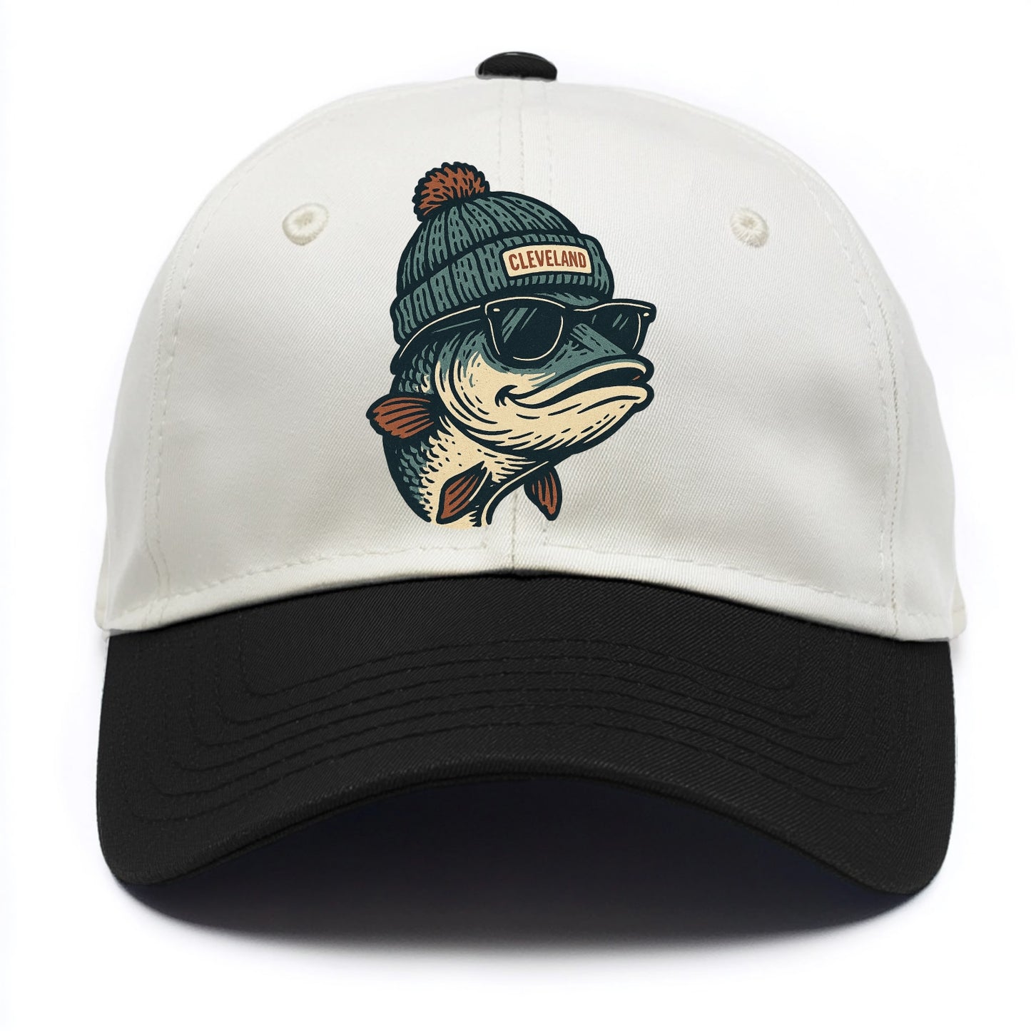 Cleveland Lake Erie Walleye wearing Cleveland beanie with pom pom and wayfarer - Two Tone Cap - Black