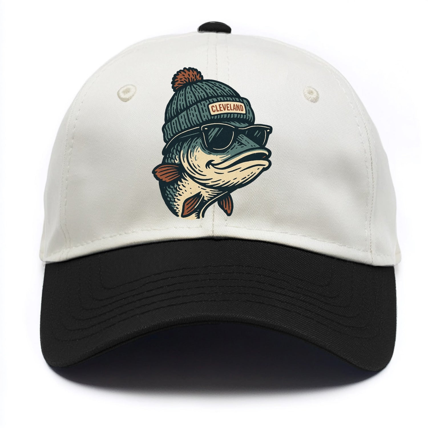 Cleveland Lake Erie Walleye wearing Cleveland beanie with pom pom and wayfarer - Two Tone Cap - Black