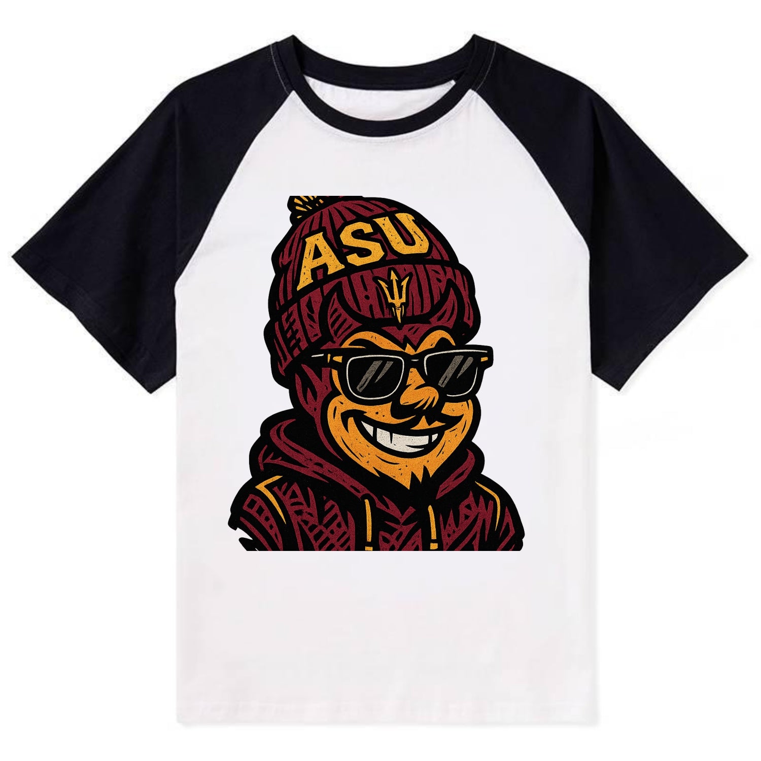 Tempe Sparky wearing Arizona State beanie with fork patch - Contrast Raglan T-shirt - Black