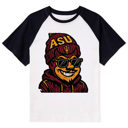 Tempe Sparky wearing Arizona State beanie with fork patch - Contrast Raglan T-shirt - Black