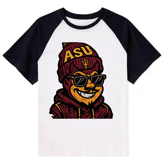 Tempe Sparky wearing Arizona State beanie with fork patch - Contrast Raglan T-shirt - Black