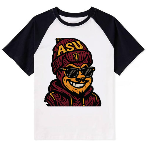 Tempe Sparky wearing Arizona State beanie with fork patch - Contrast Raglan T-shirt
