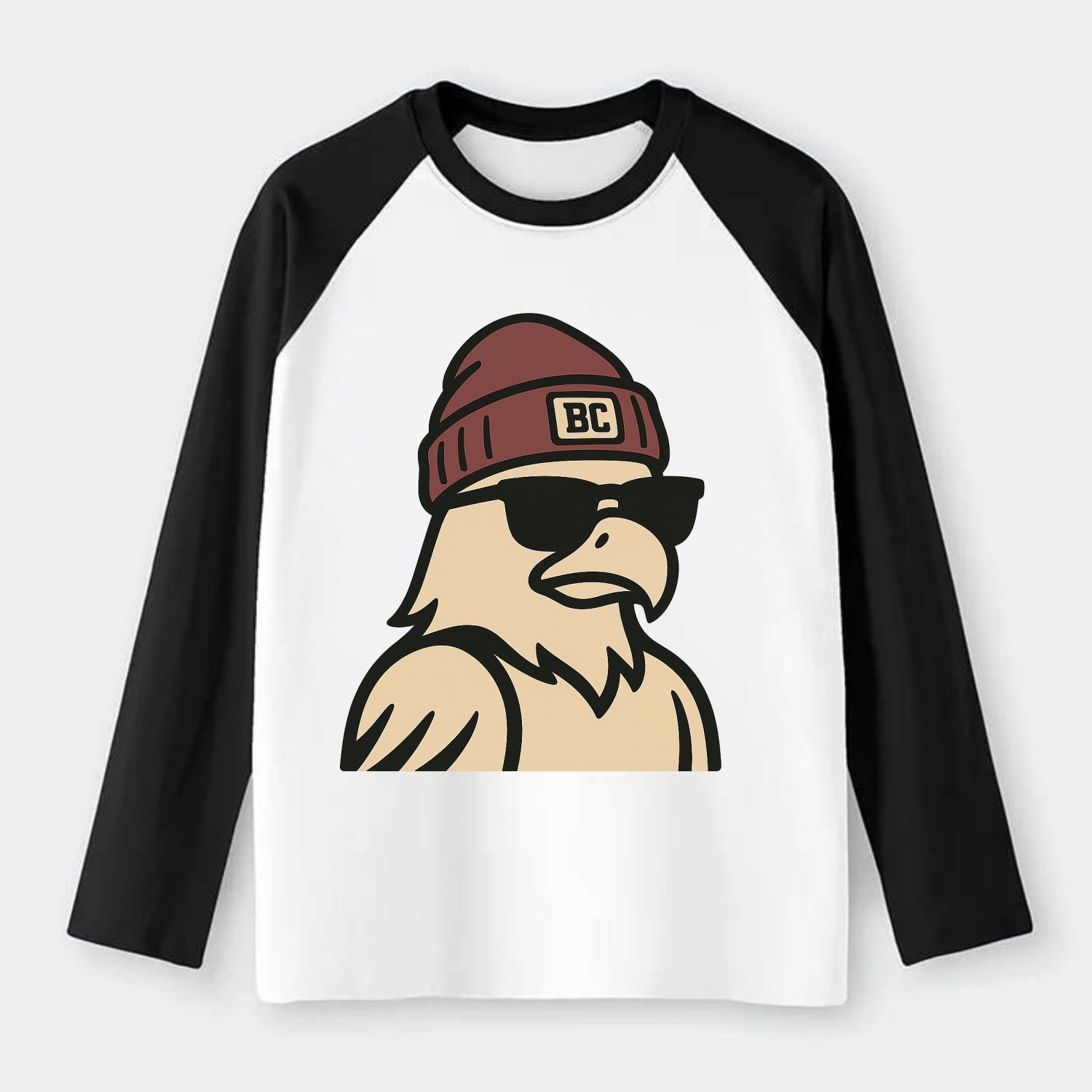 Chestnut Hill Eagle wearing Boston College beanie with BC patch - Raglan Long Sleeve T-Shirt - Black
