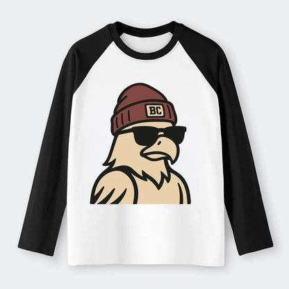Chestnut Hill Eagle wearing Boston College beanie with BC patch - Raglan Long Sleeve T-Shirt - Black