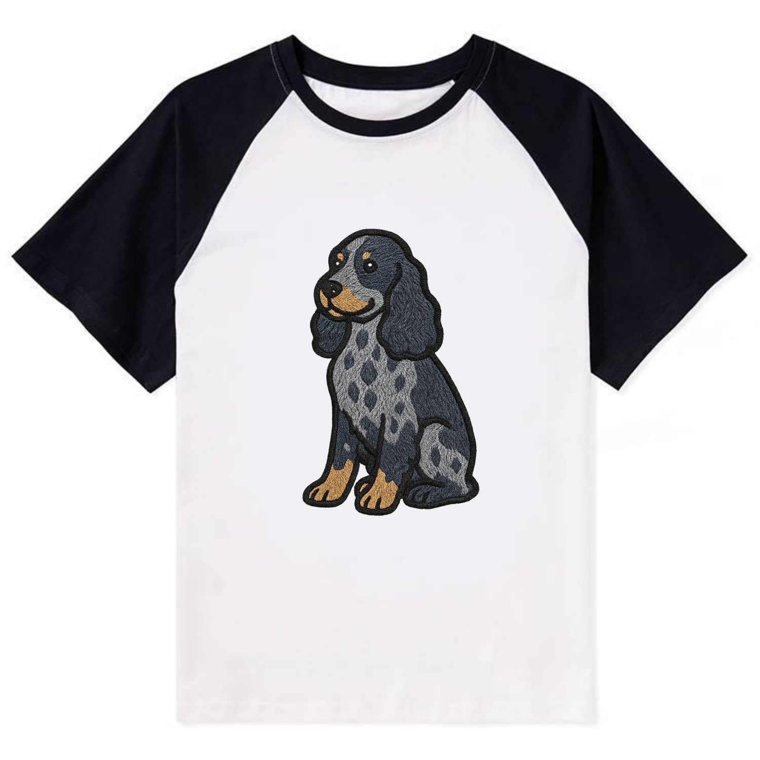 English Cocker Spaniel - Blue roan embroidered sitting pose - Contrast Raglan T-shirt - Black