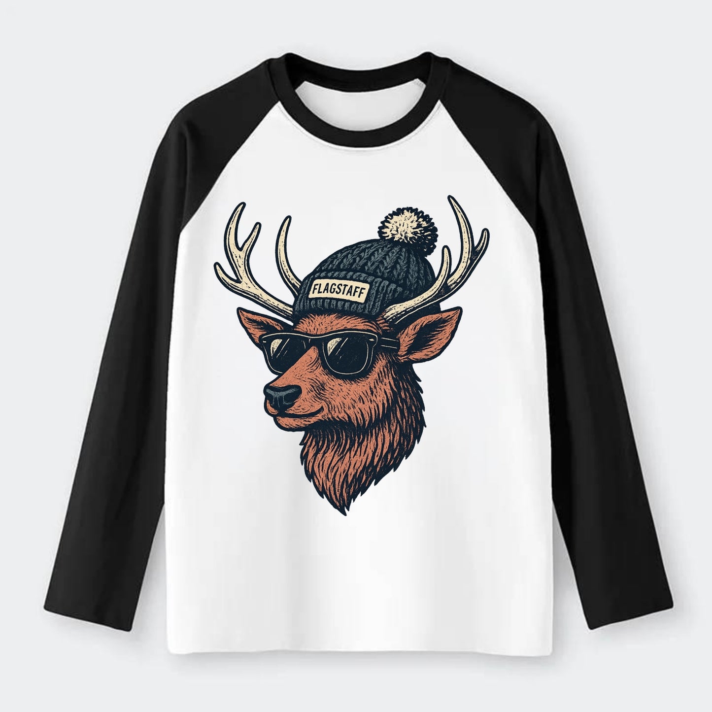 Flagstaff Elk wearing Flagstaff beanie with pom pom and wayfarer - Raglan Long Sleeve T-Shirt - Black