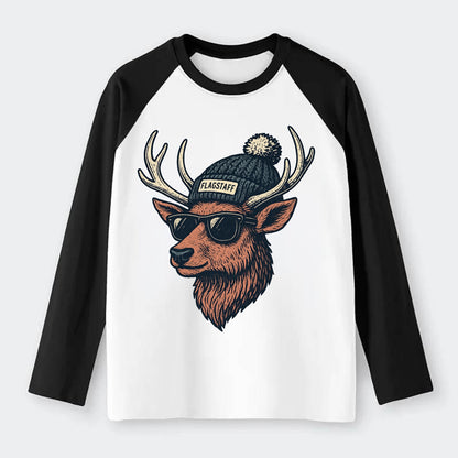 Flagstaff Elk wearing Flagstaff beanie with pom pom and wayfarer - Raglan Long Sleeve T-Shirt - Black