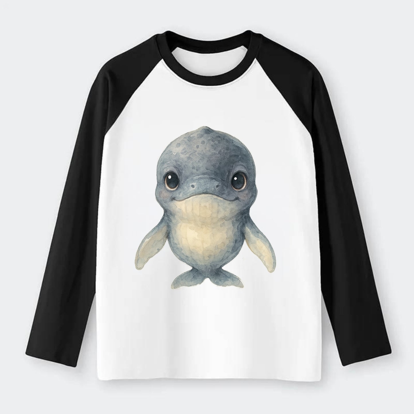 Baby Humpback Whale - dark gray with white flippers, large gentle - Raglan Long Sleeve T-Shirt - Black