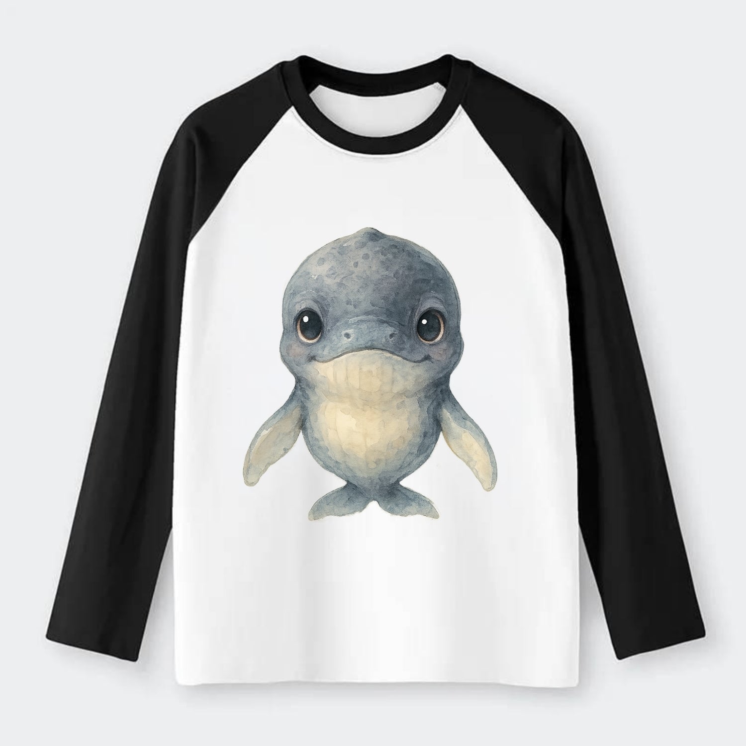 Baby Humpback Whale - dark gray with white flippers, large gentle - Raglan Long Sleeve T-Shirt - Black