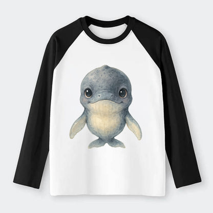 Baby Humpback Whale - dark gray with white flippers, large gentle - Raglan Long Sleeve T-Shirt - Black
