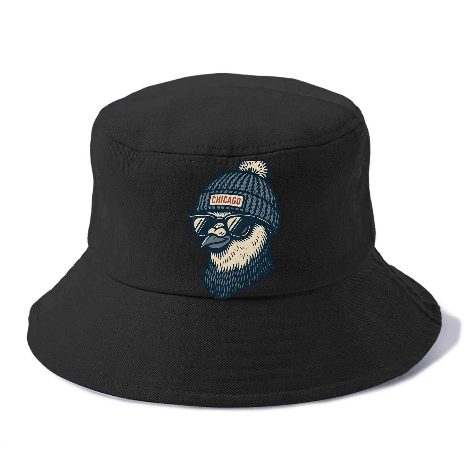 Chicago Pigeon wearing Chicago beanie with pom pom and wayfarer sunglasses - Bucket Hat - Black
