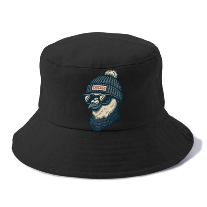 Chicago Pigeon wearing Chicago beanie with pom pom and wayfarer sunglasses - Bucket Hat - Black