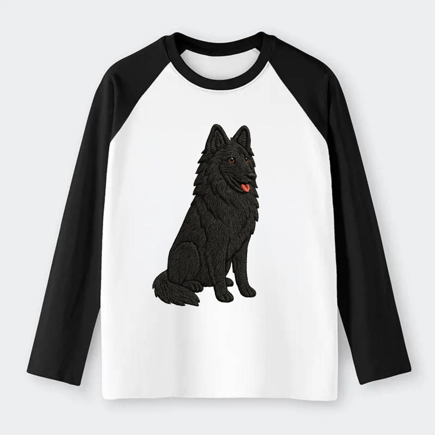 Belgian Sheepdog - Black long-haired embroidered pose - Raglan Long Sleeve T-Shirt - Black