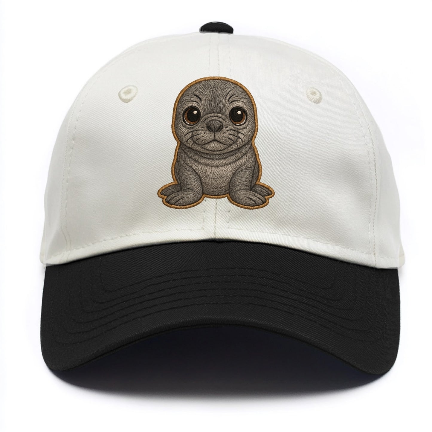 Baby Elephant Seal - gray wrinkly, tiny trunk nose, big dark eyes, front-facing, - Two Tone Cap - Black