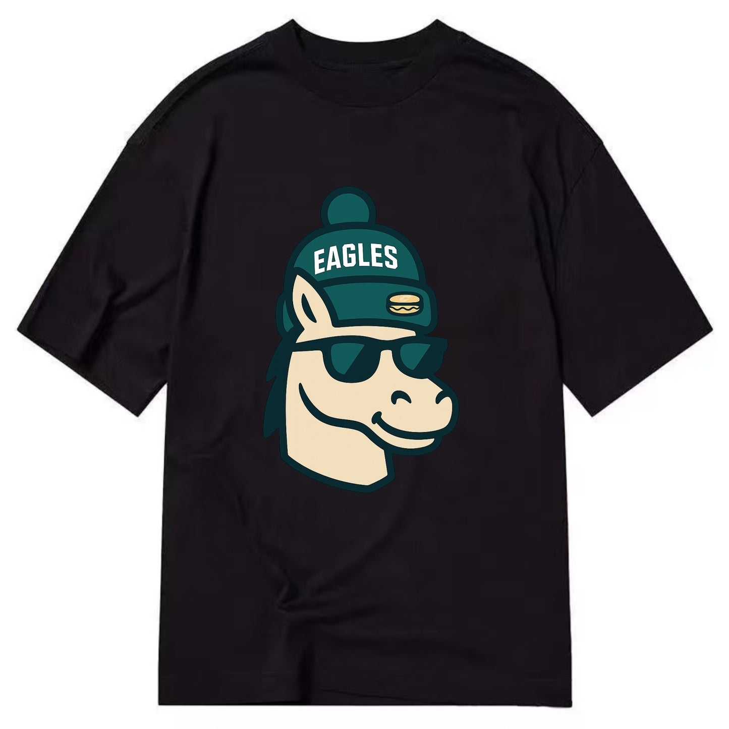 Philadelphia Horse wearing Eagles beanie with cheesesteak patch and wayfarer - Classic T-shirt - Black