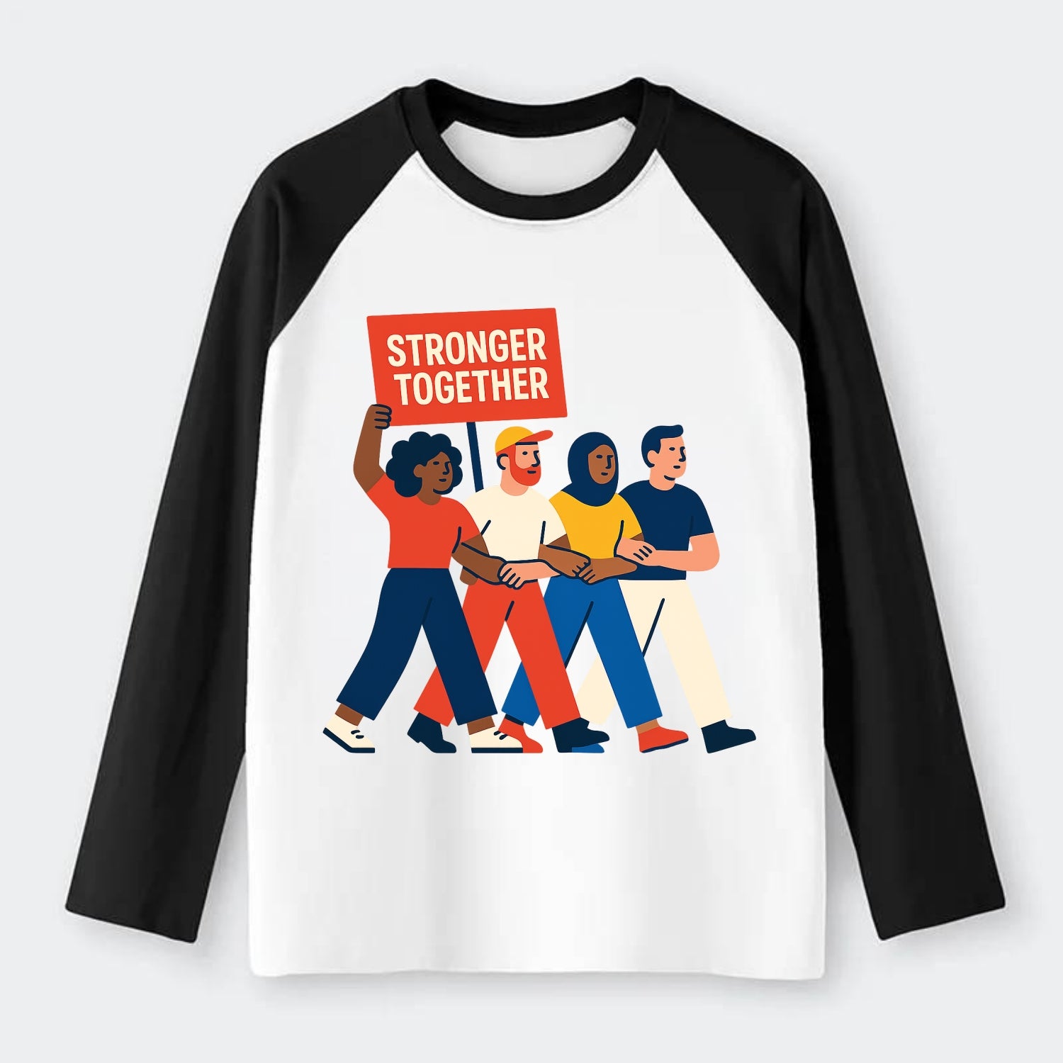 Peaceful protesters marching with linked arms - "Stronger Together" - - Raglan Long Sleeve T-Shirt - Black
