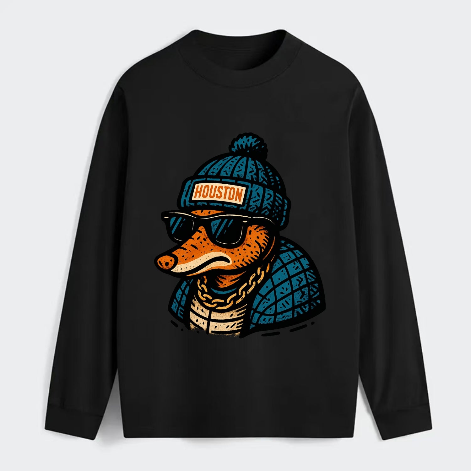 Houston Armadillo wearing Houston beanie with pom pom and wayfarer - Classic Long Sleeve Shirt - Black