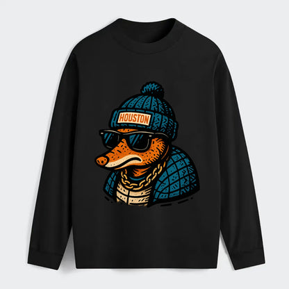 Houston Armadillo wearing Houston beanie with pom pom and wayfarer - Classic Long Sleeve Shirt - Black