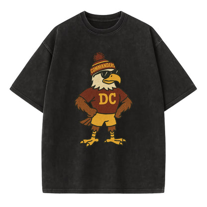 DC Eagle wearing Commanders burgundy and gold beanie with pom pom and wayfarer - Vintage T-shirt - Black