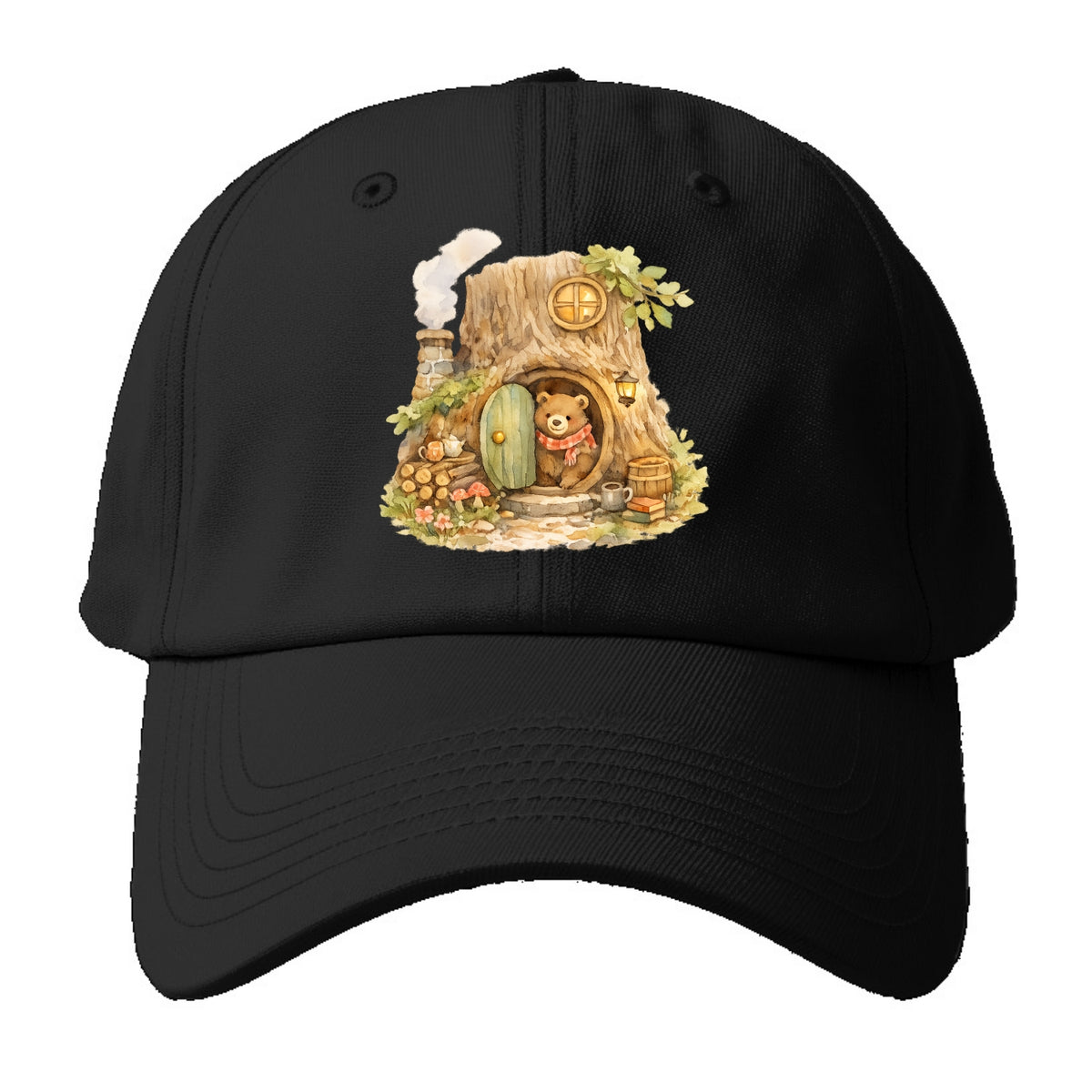 TREE HOME | Bear's home in hollow tree | Round door | Chimney smoke | Woodland - Baseball Cap - Black