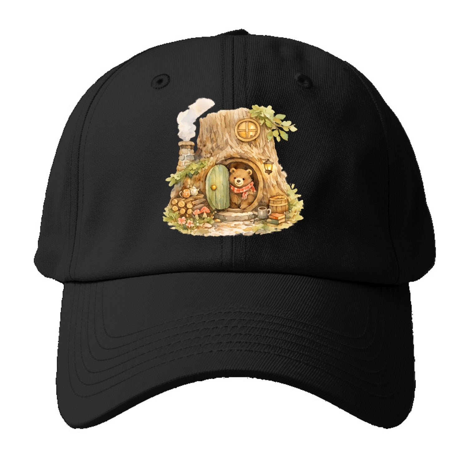 TREE HOME | Bear's home in hollow tree | Round door | Chimney smoke | Woodland - Baseball Cap - Black