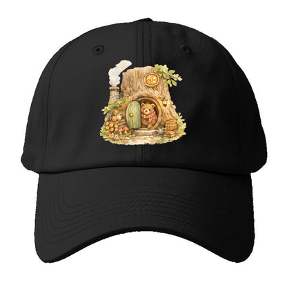 TREE HOME | Bear's home in hollow tree | Round door | Chimney smoke | Woodland - Baseball Cap - Black
