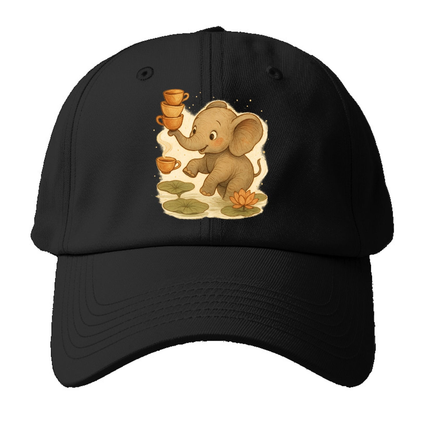 Elephant balancing teacups during a floating tea ceremony beside lotus - Baseball Cap For Big Heads - Black