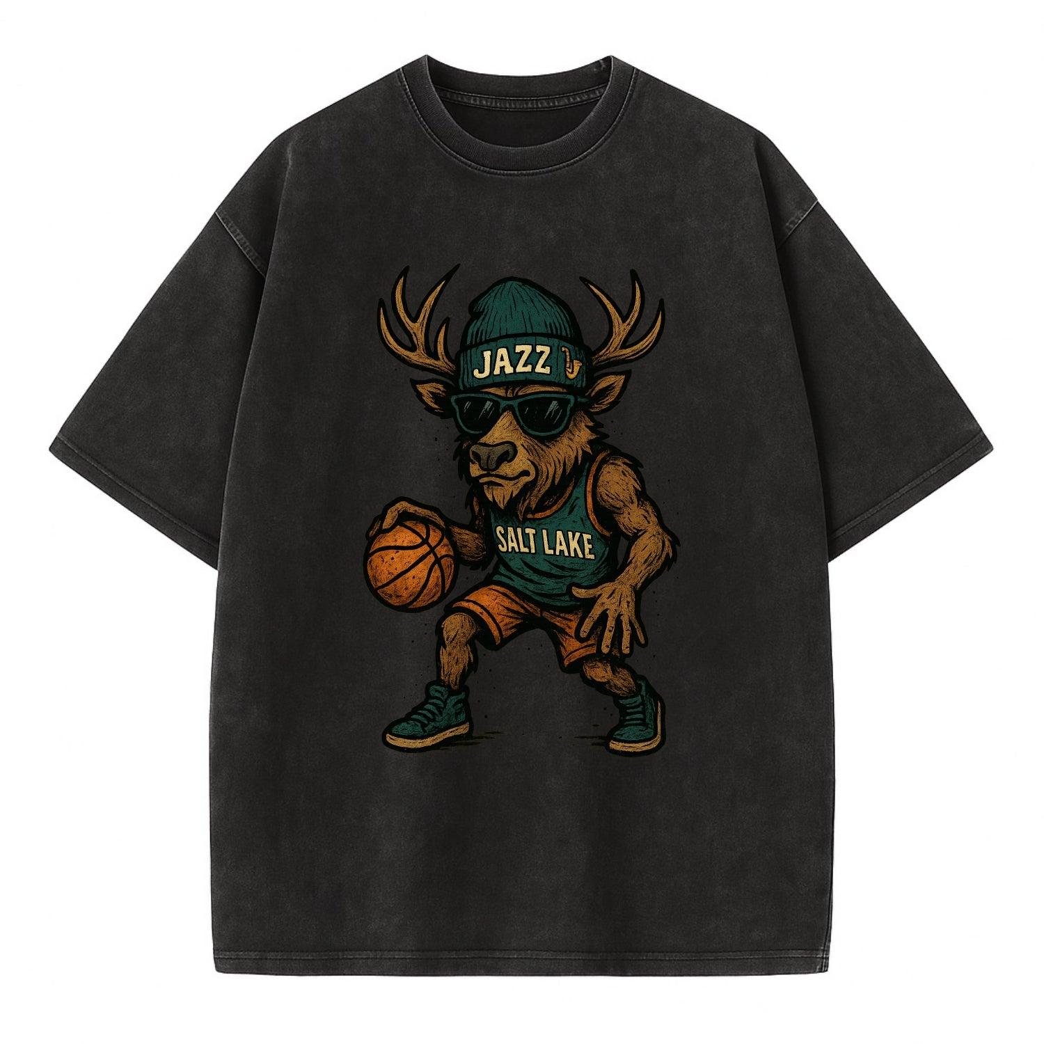 Salt Lake Elk wearing Jazz beanie with saxophone patch and wayfarer sunglasses - Vintage T-shirt - Black