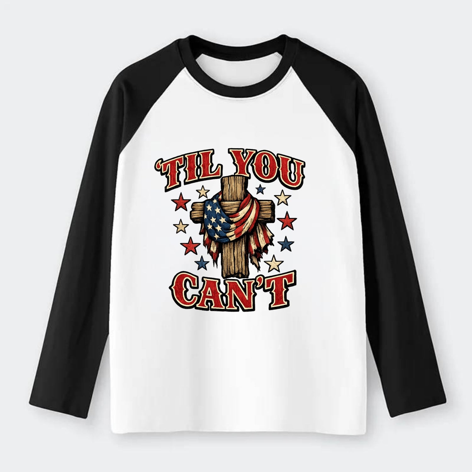 Til You Cant - Flag Cross - Raglan Long Sleeve T-Shirt - Black