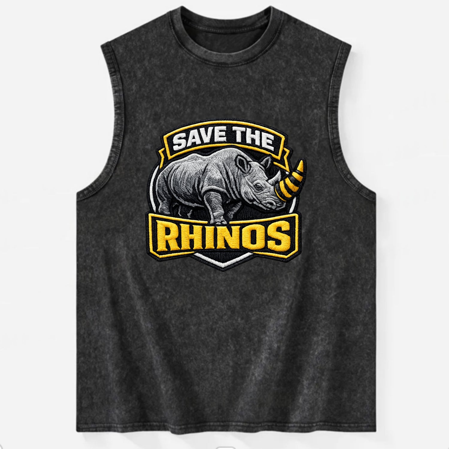 SAVE THE RHINOS - rhino silhouette in gray , horn protection - Vintage Washed Tank - Black
