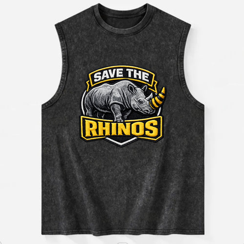 SAVE THE RHINOS - rhino silhouette in gray , horn protection - Vintage Washed Tank