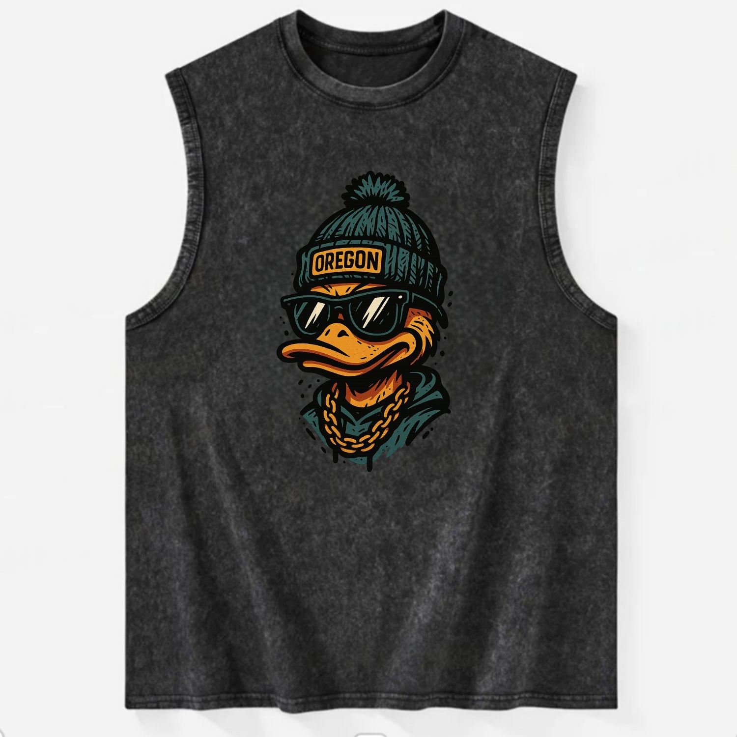 Eugene Duck wearing Oregon beanie with p - Vintage Washed Tank - Black