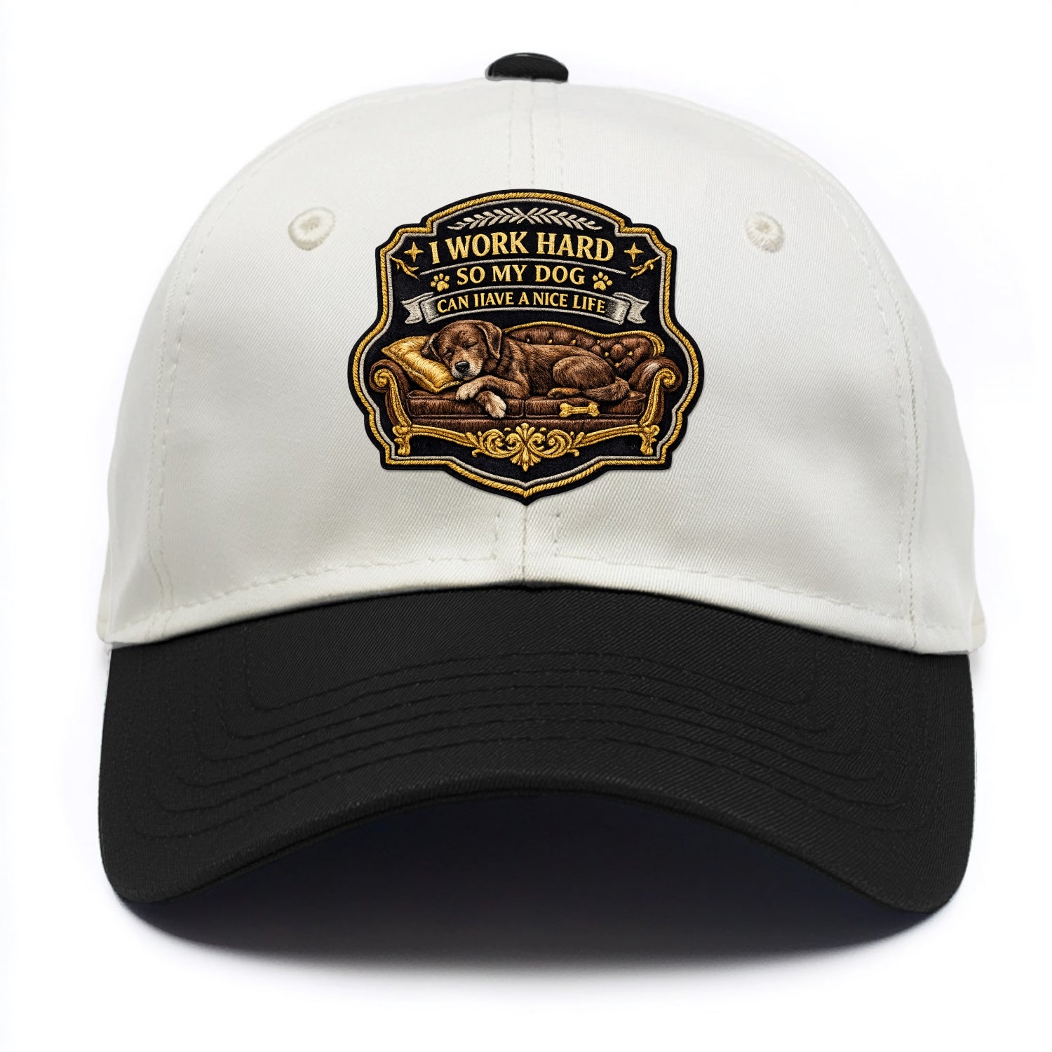 I WORK HARD SO MY DOG CAN HAVE A NICE LIFE - dog on couch in brown , pet luxury - Two Tone Cap - Black